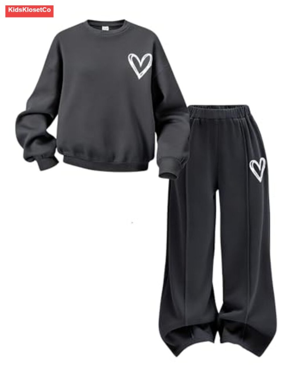 Girls Tracksuit Set 6-14Y Sweatshirt & Wide Leg Pants Heart Print Casual Outfit